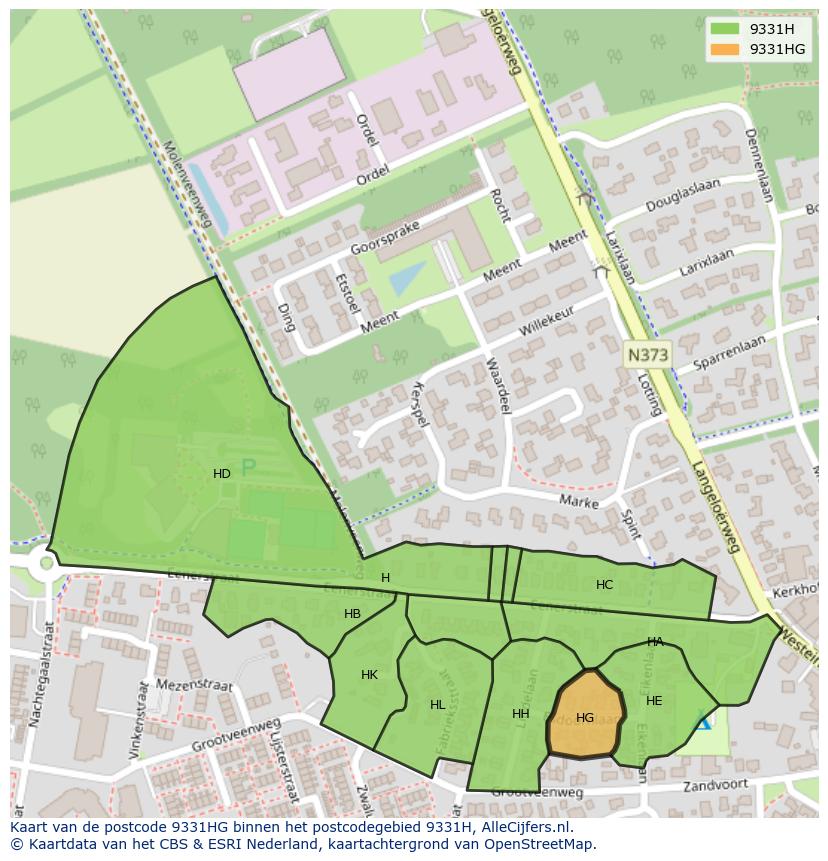 Afbeelding van het postcodegebied 9331 HG op de kaart.