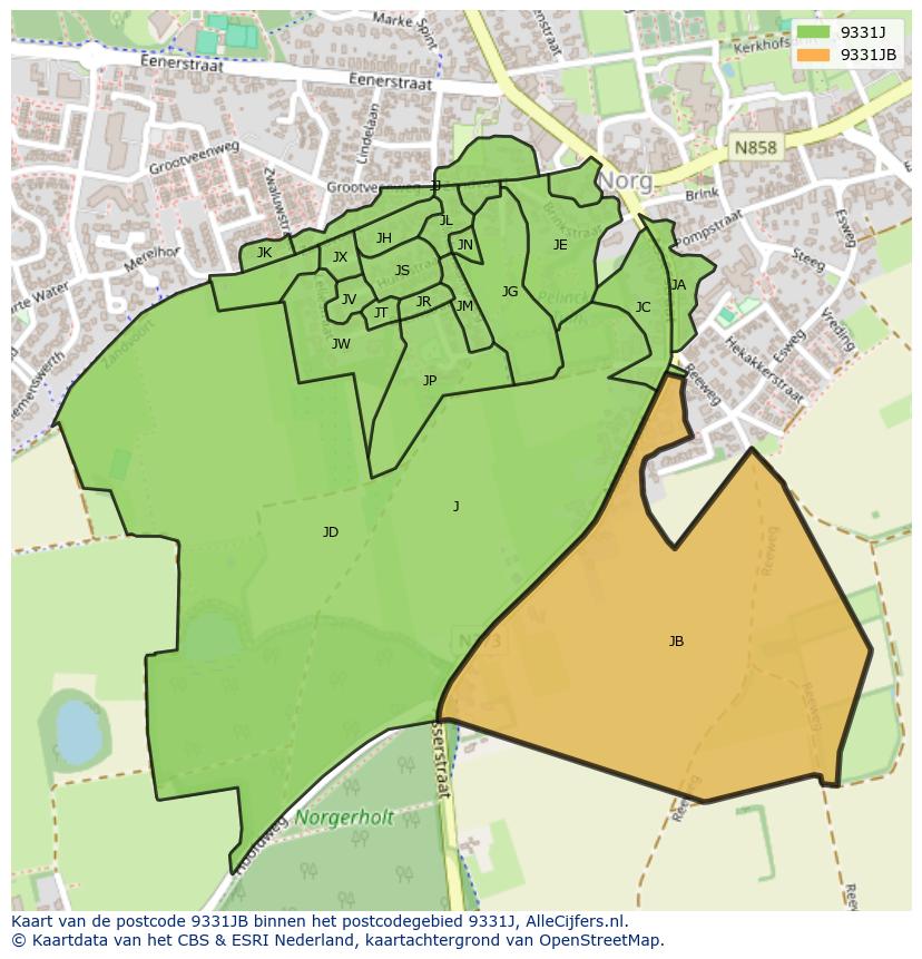 Afbeelding van het postcodegebied 9331 JB op de kaart.