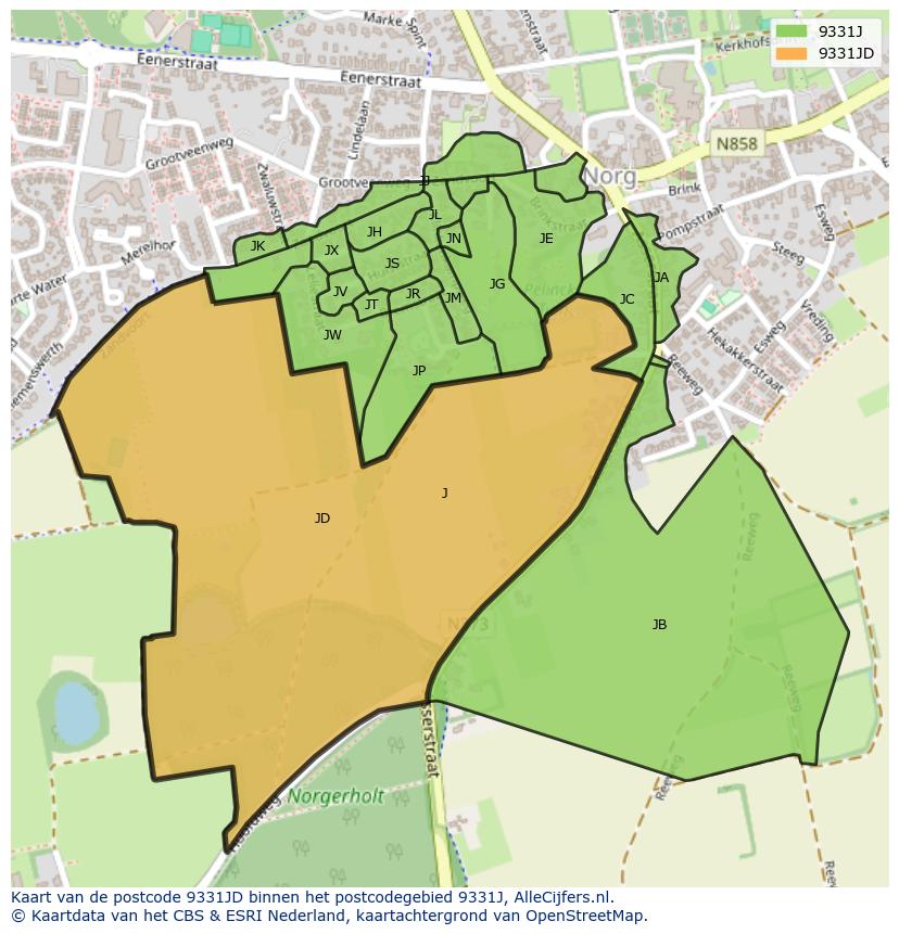 Afbeelding van het postcodegebied 9331 JD op de kaart.