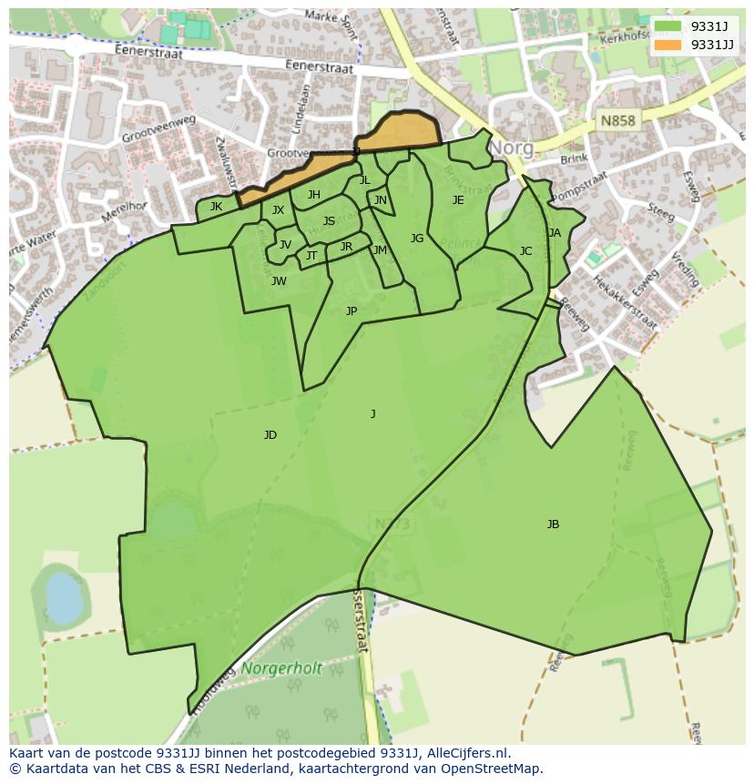 Afbeelding van het postcodegebied 9331 JJ op de kaart.