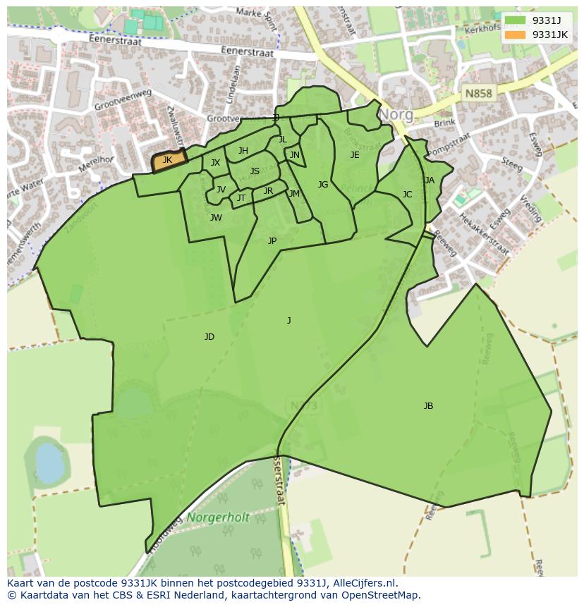 Afbeelding van het postcodegebied 9331 JK op de kaart.