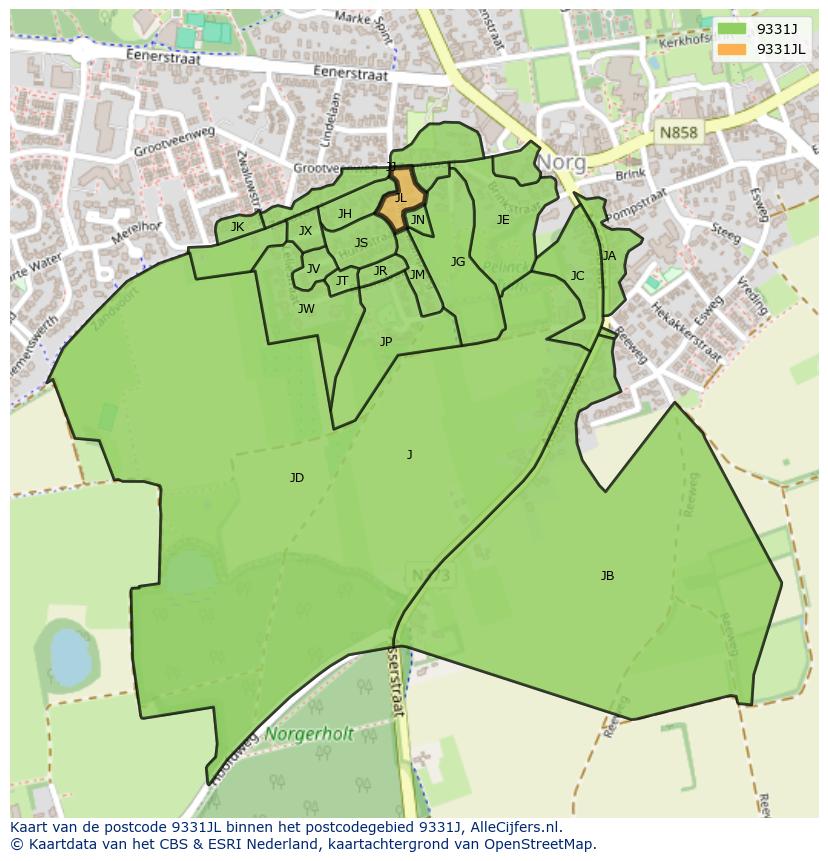 Afbeelding van het postcodegebied 9331 JL op de kaart.
