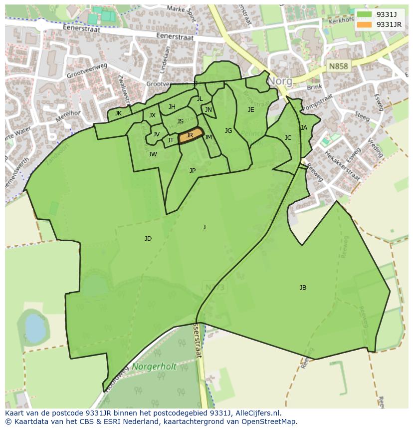 Afbeelding van het postcodegebied 9331 JR op de kaart.