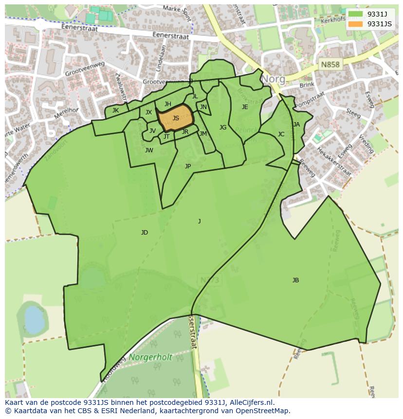 Afbeelding van het postcodegebied 9331 JS op de kaart.