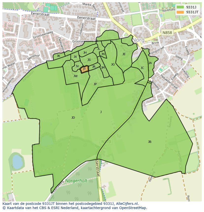 Afbeelding van het postcodegebied 9331 JT op de kaart.