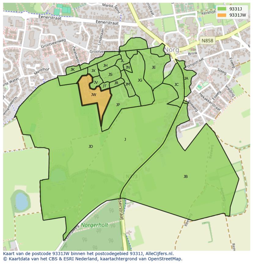 Afbeelding van het postcodegebied 9331 JW op de kaart.