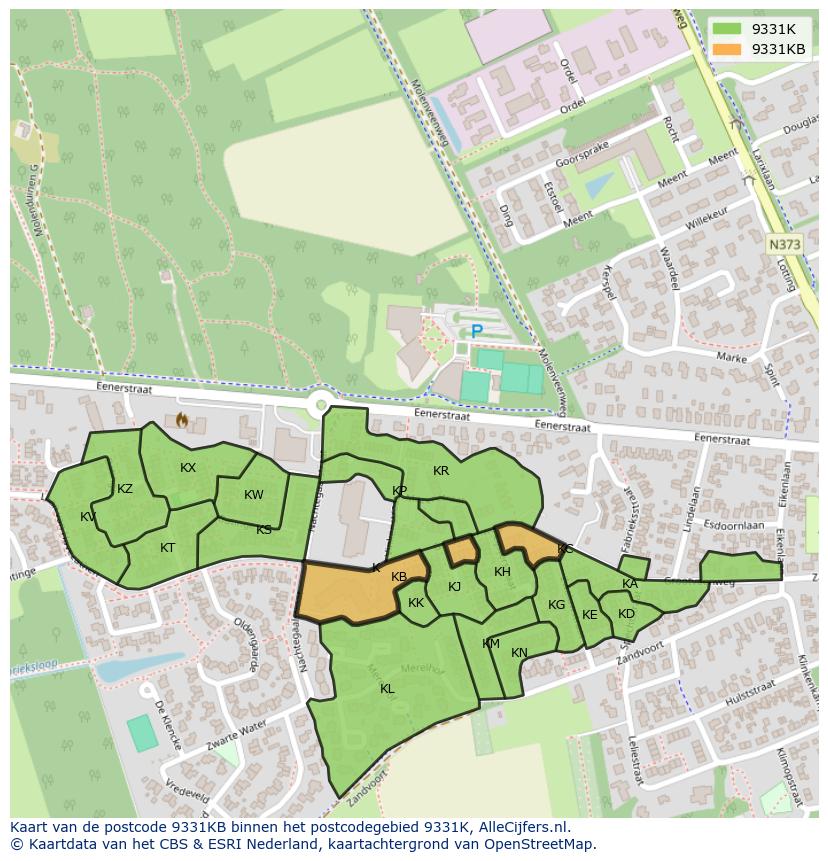 Afbeelding van het postcodegebied 9331 KB op de kaart.