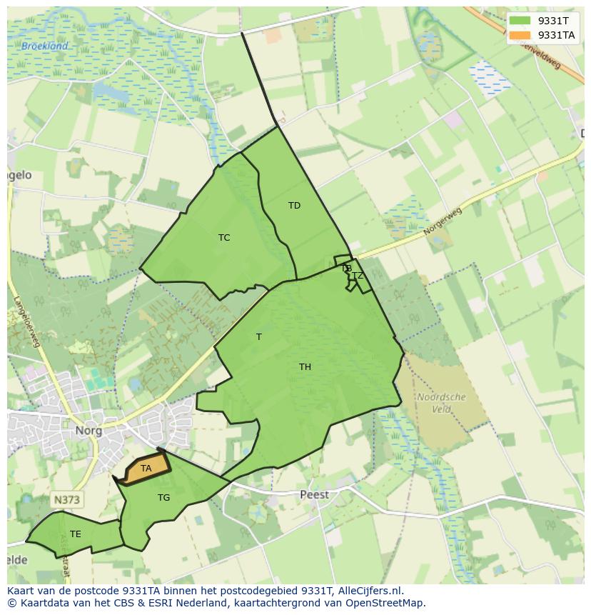 Afbeelding van het postcodegebied 9331 TA op de kaart.