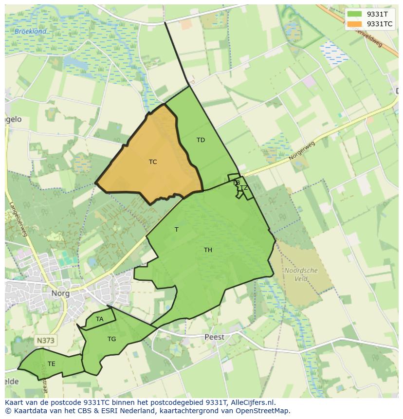 Afbeelding van het postcodegebied 9331 TC op de kaart.