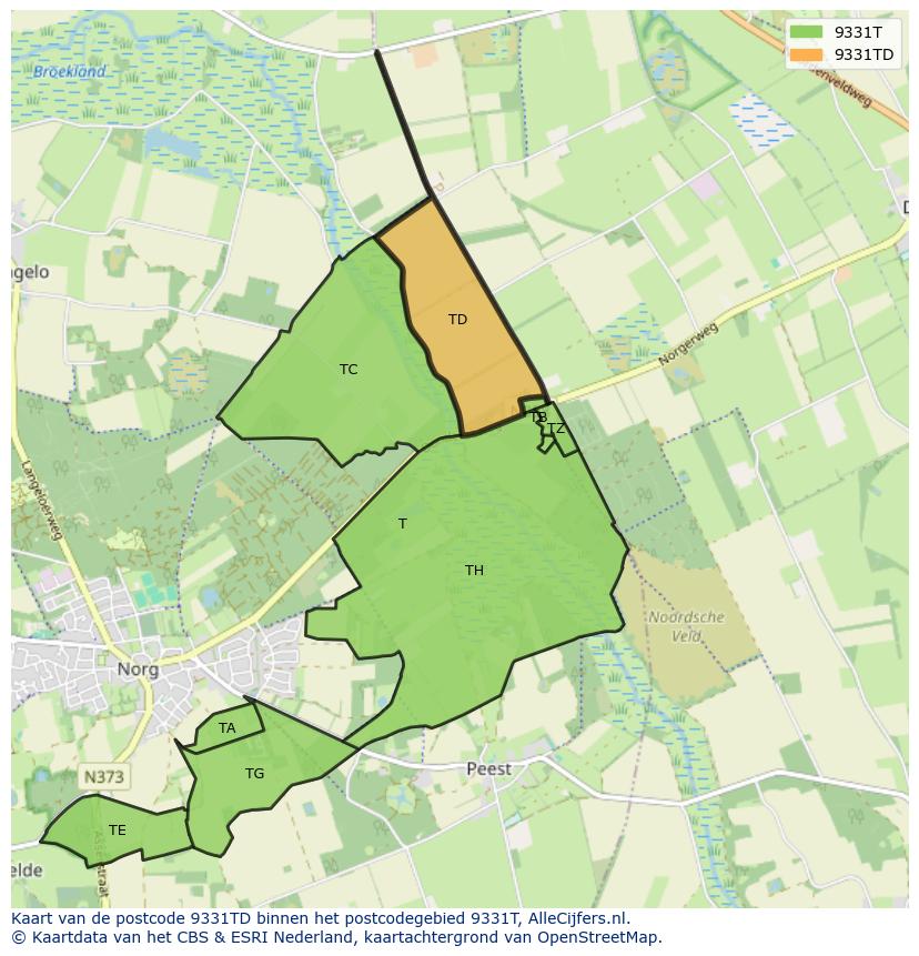 Afbeelding van het postcodegebied 9331 TD op de kaart.