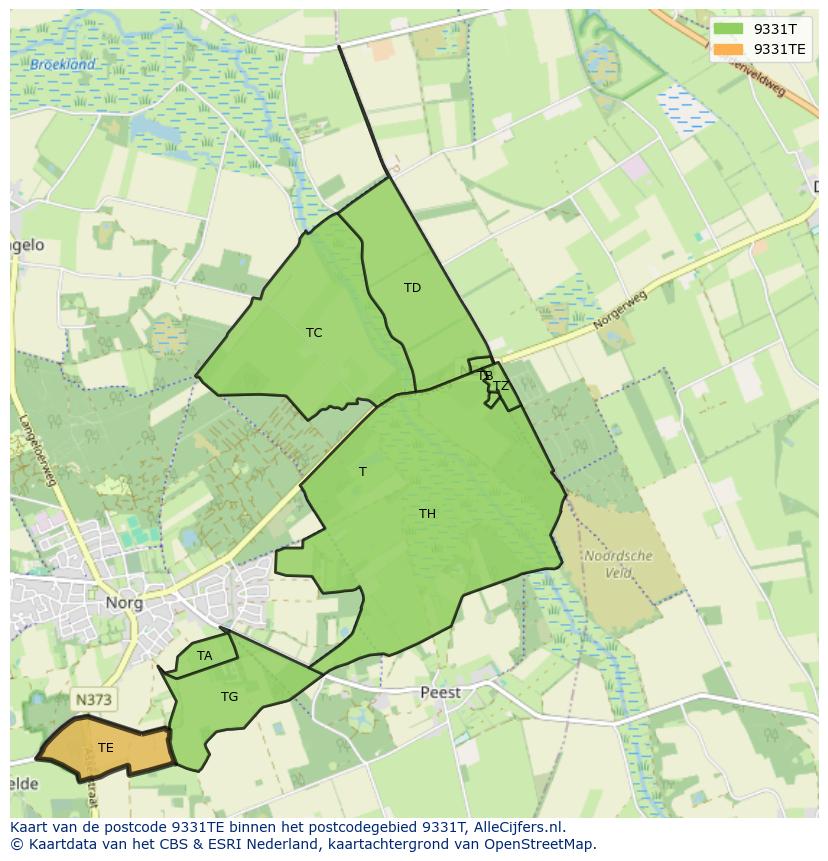 Afbeelding van het postcodegebied 9331 TE op de kaart.
