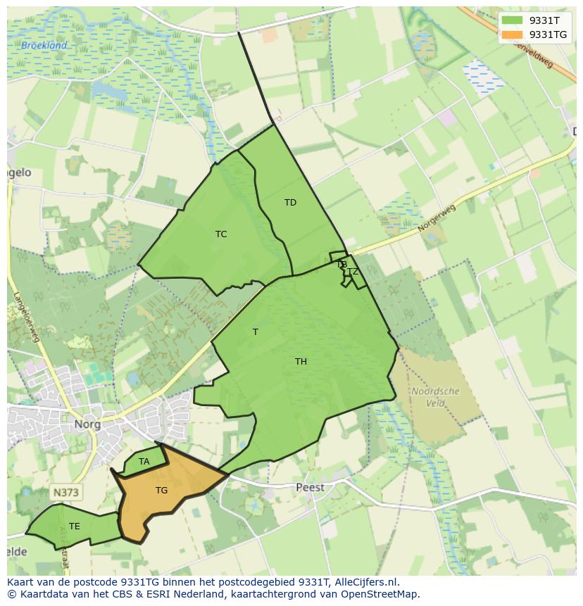Afbeelding van het postcodegebied 9331 TG op de kaart.