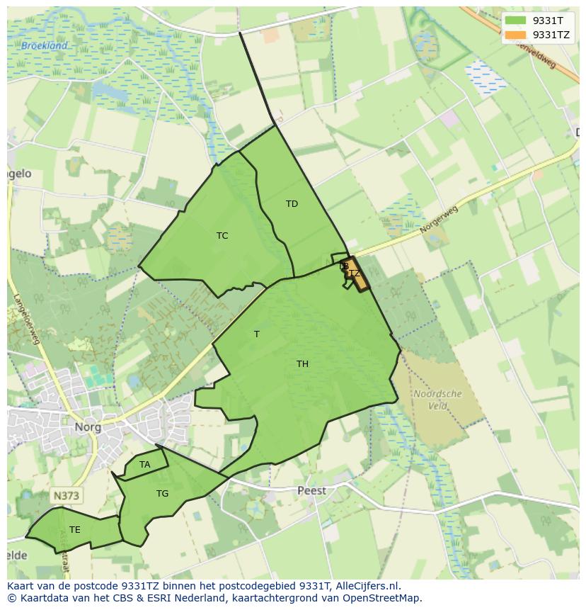 Afbeelding van het postcodegebied 9331 TZ op de kaart.