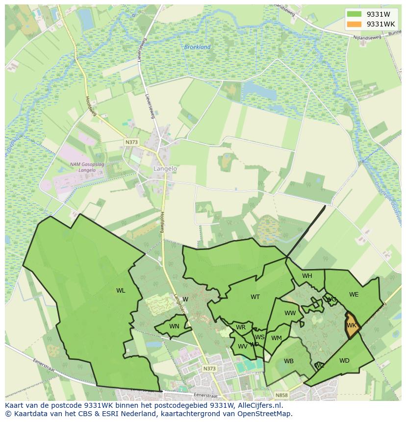 Afbeelding van het postcodegebied 9331 WK op de kaart.