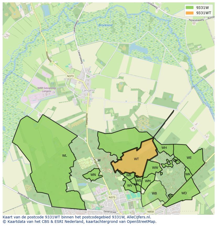 Afbeelding van het postcodegebied 9331 WT op de kaart.