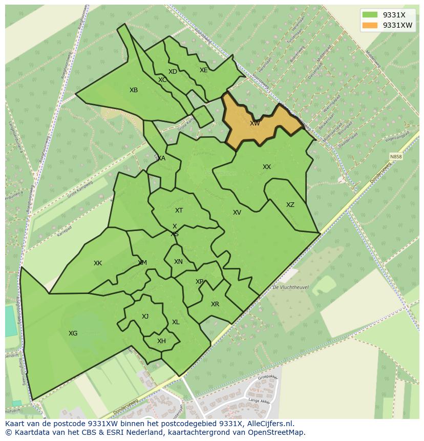 Afbeelding van het postcodegebied 9331 XW op de kaart.