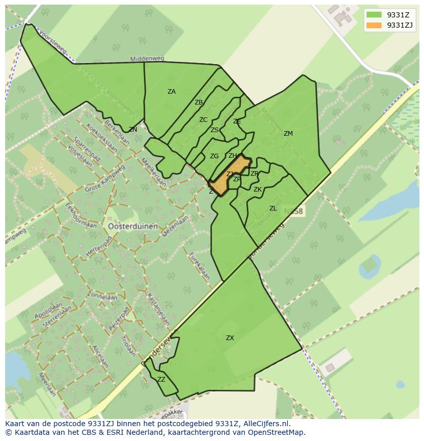 Afbeelding van het postcodegebied 9331 ZJ op de kaart.