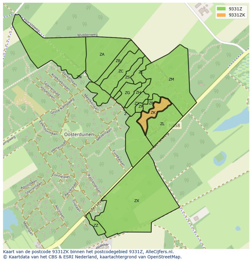 Afbeelding van het postcodegebied 9331 ZK op de kaart.