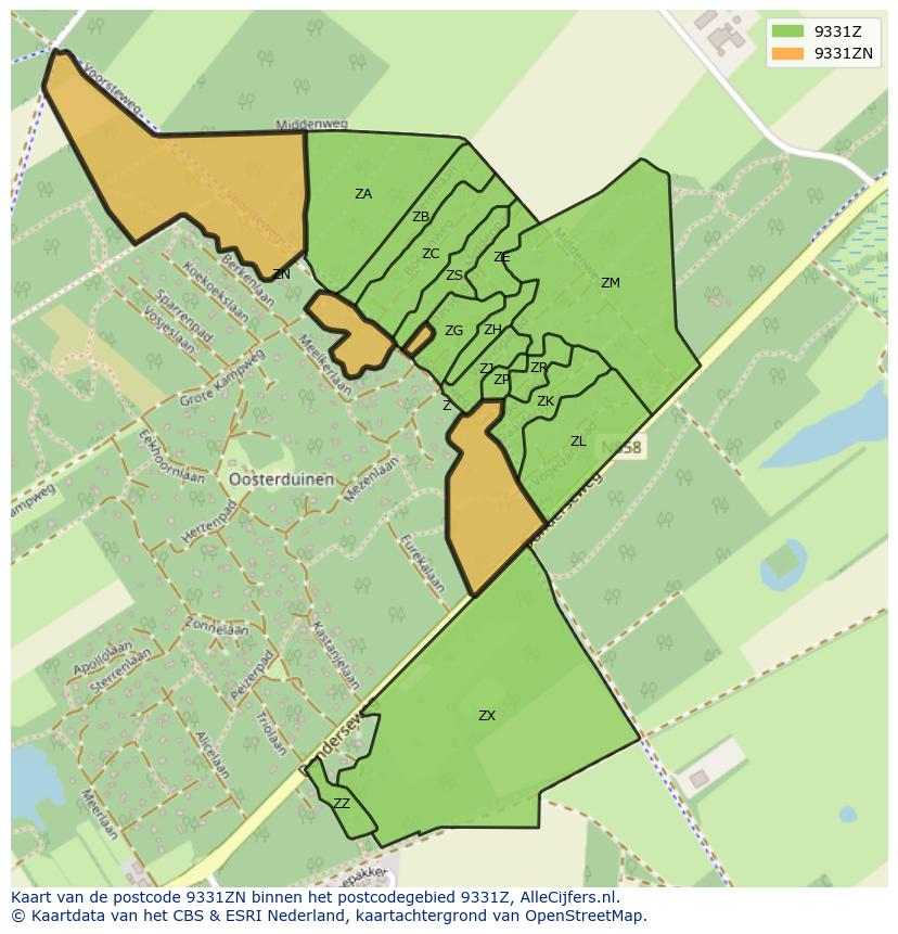 Afbeelding van het postcodegebied 9331 ZN op de kaart.