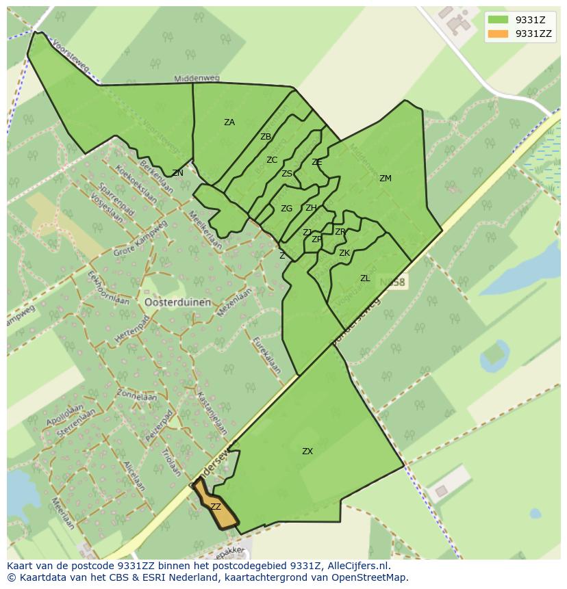 Afbeelding van het postcodegebied 9331 ZZ op de kaart.