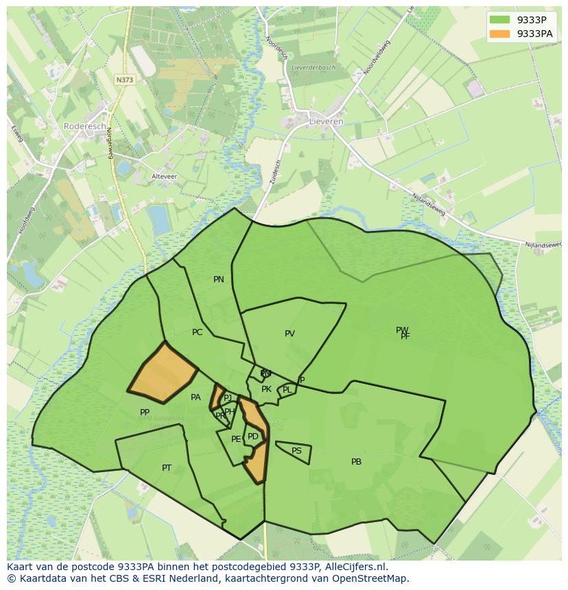 Afbeelding van het postcodegebied 9333 PA op de kaart.