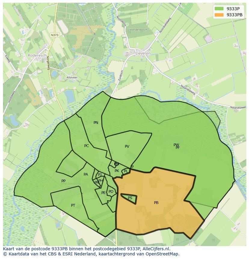Afbeelding van het postcodegebied 9333 PB op de kaart.
