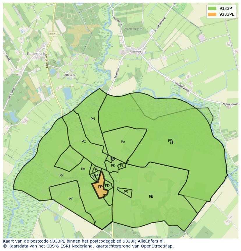Afbeelding van het postcodegebied 9333 PE op de kaart.