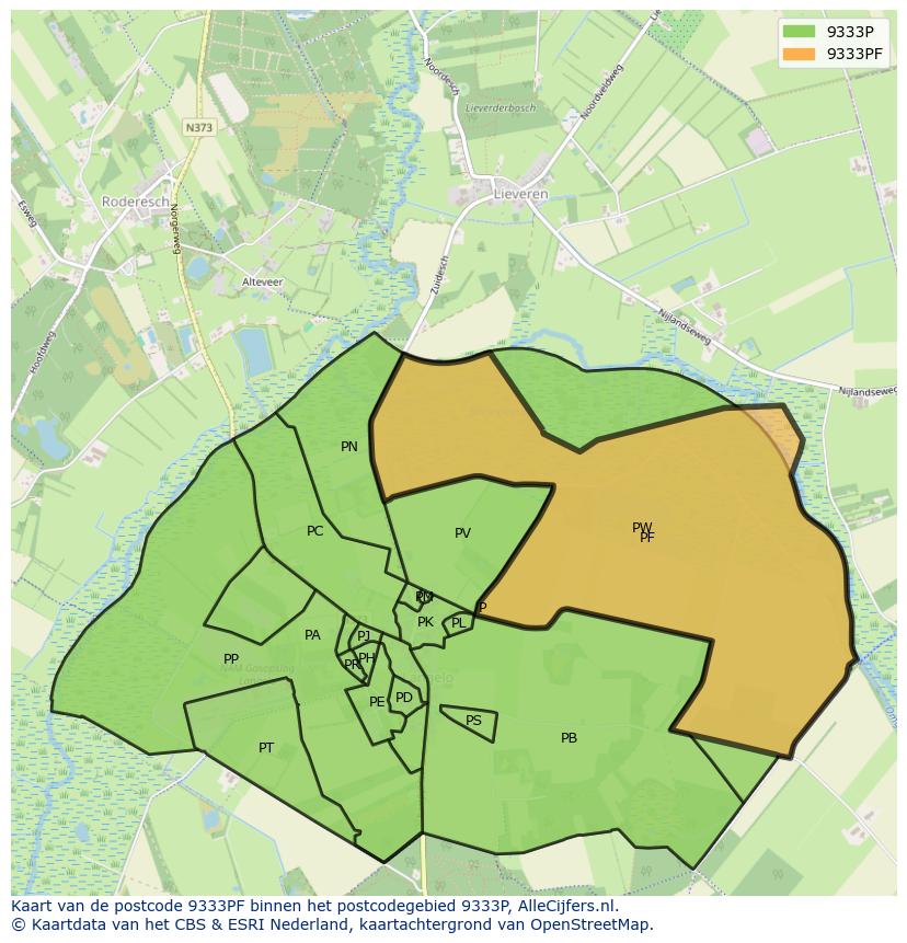 Afbeelding van het postcodegebied 9333 PF op de kaart.