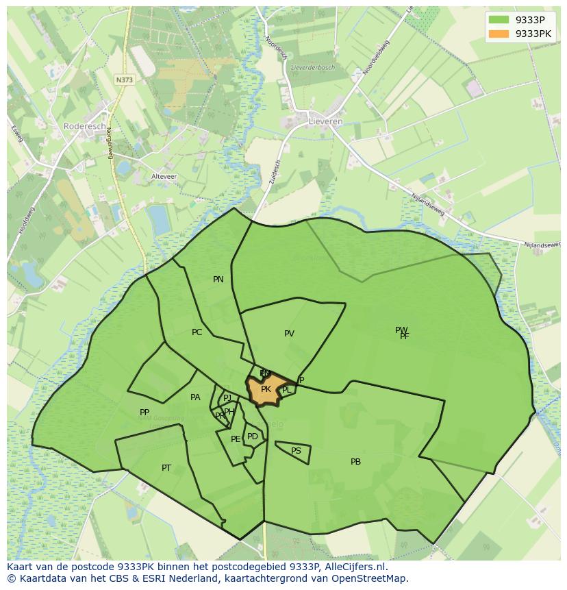 Afbeelding van het postcodegebied 9333 PK op de kaart.