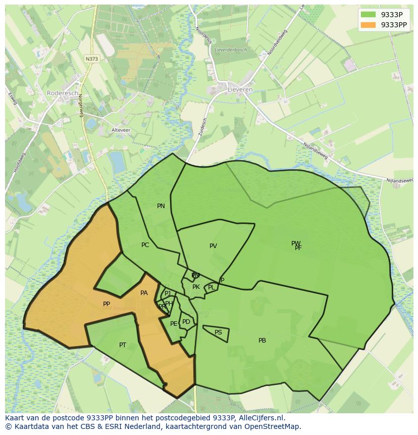 Afbeelding van het postcodegebied 9333 PP op de kaart.