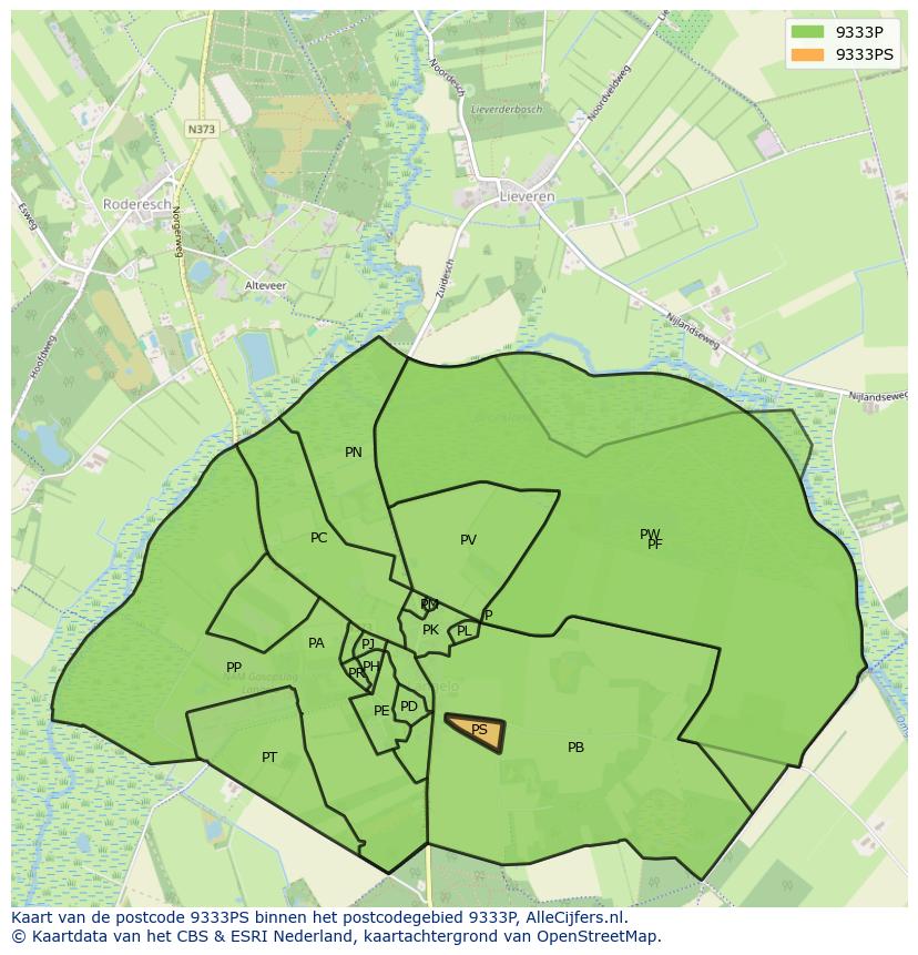 Afbeelding van het postcodegebied 9333 PS op de kaart.