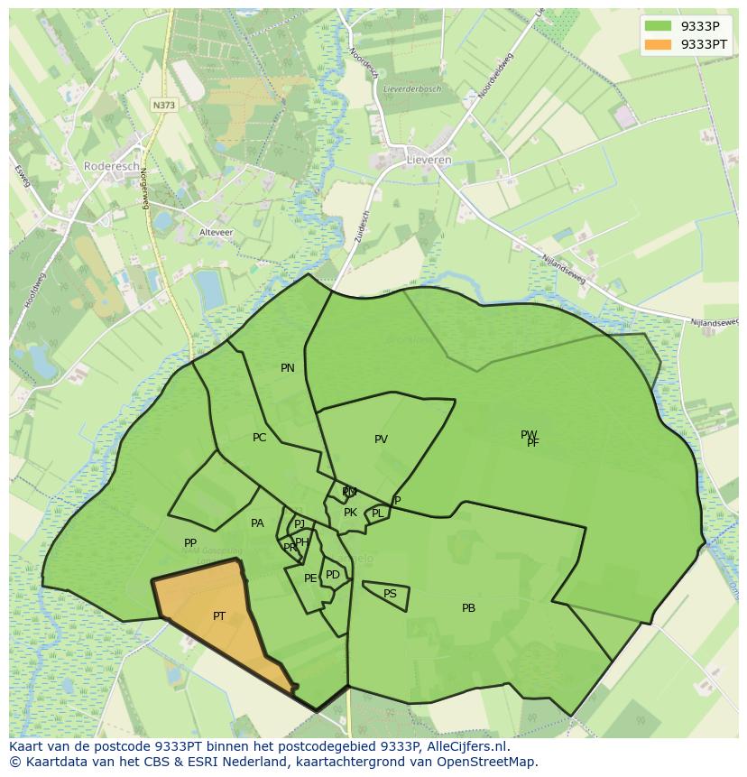 Afbeelding van het postcodegebied 9333 PT op de kaart.