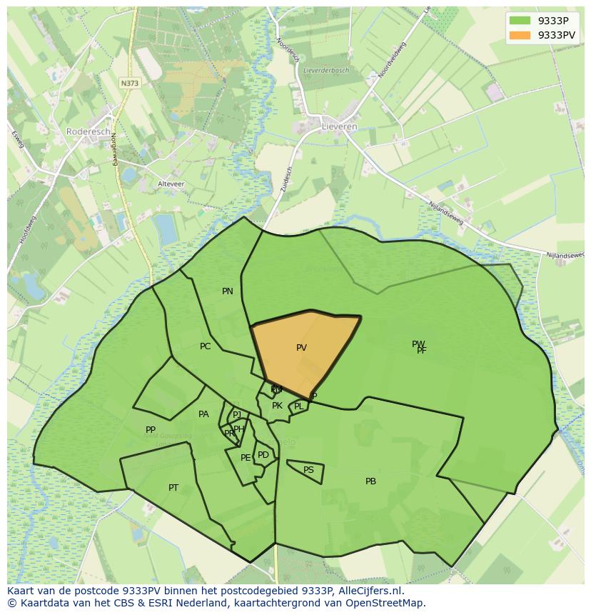 Afbeelding van het postcodegebied 9333 PV op de kaart.