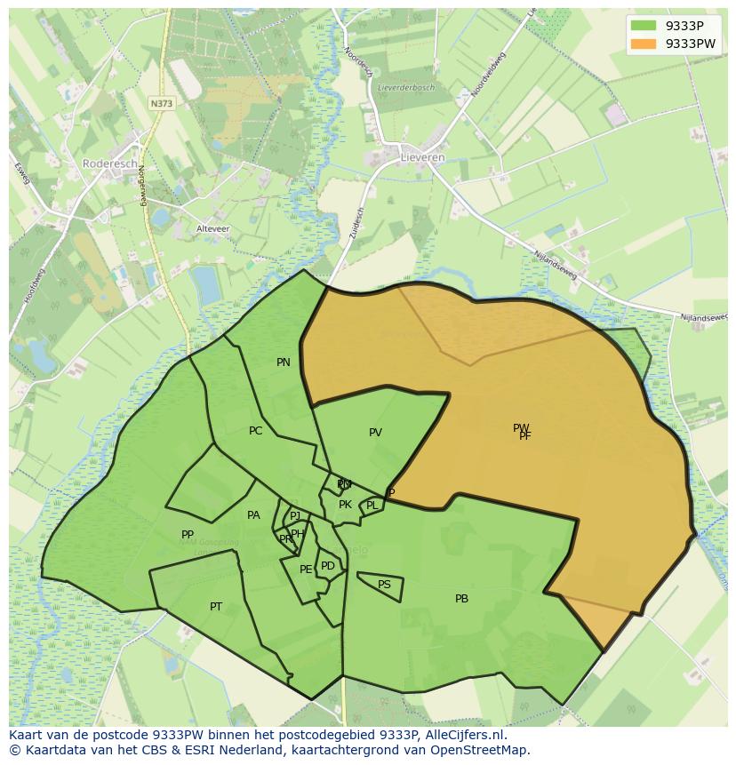 Afbeelding van het postcodegebied 9333 PW op de kaart.