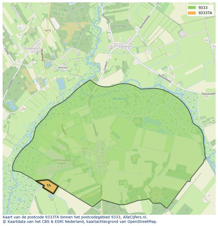 Afbeelding van het postcodegebied 9333 TA op de kaart.