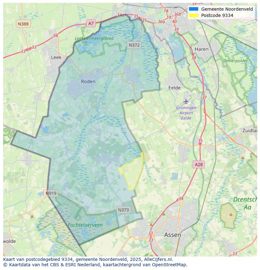 Afbeelding van het postcodegebied 9334 op de kaart.