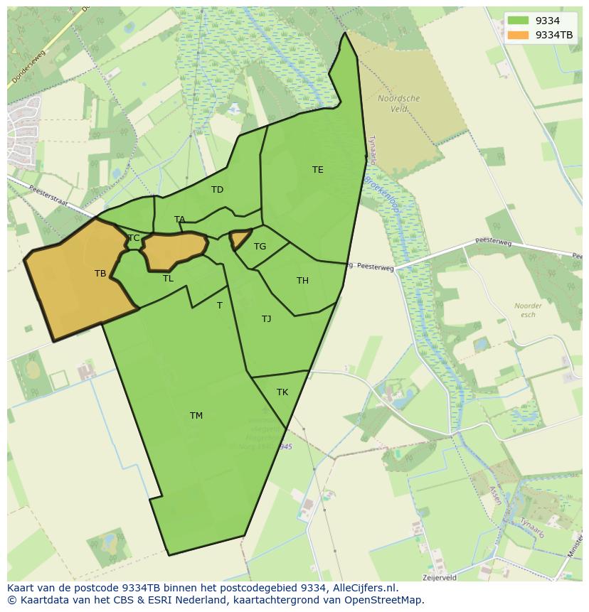 Afbeelding van het postcodegebied 9334 TB op de kaart.
