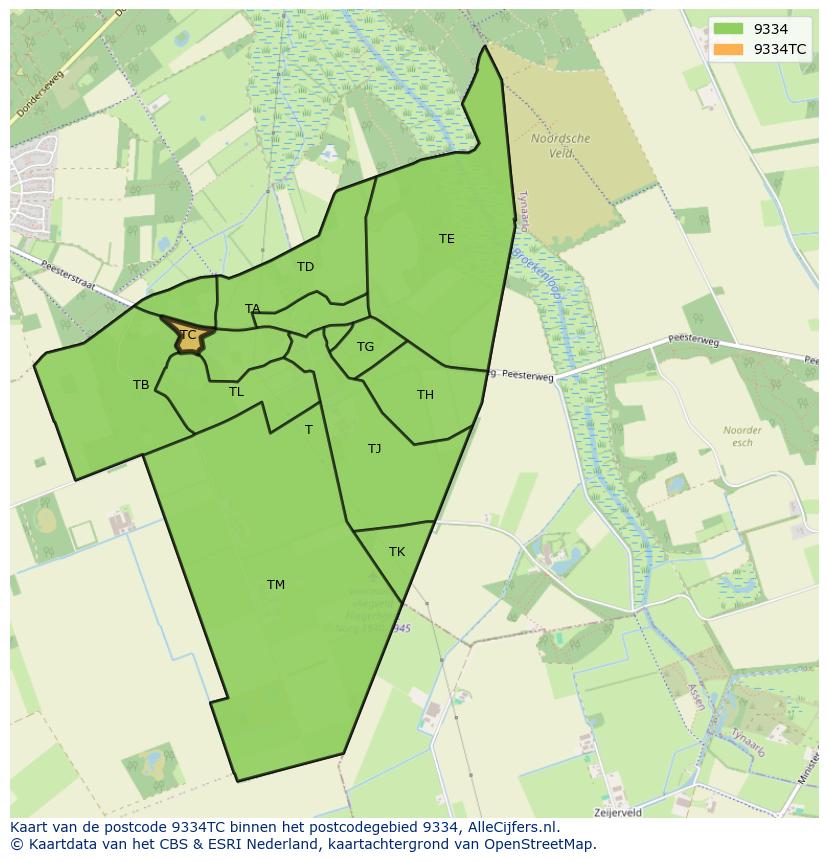 Afbeelding van het postcodegebied 9334 TC op de kaart.