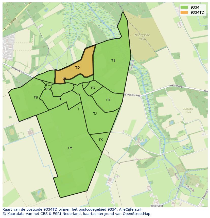 Afbeelding van het postcodegebied 9334 TD op de kaart.