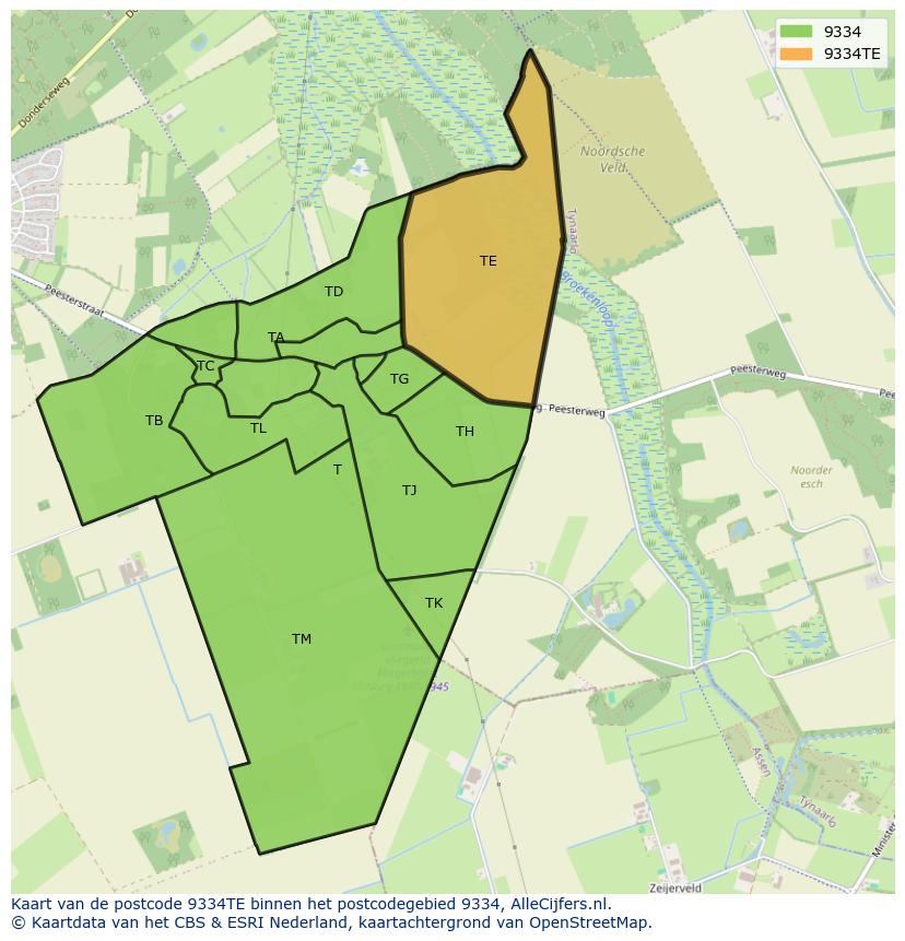 Afbeelding van het postcodegebied 9334 TE op de kaart.