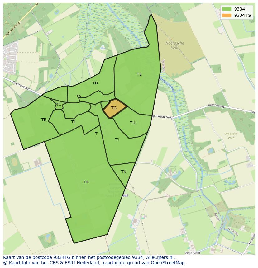 Afbeelding van het postcodegebied 9334 TG op de kaart.