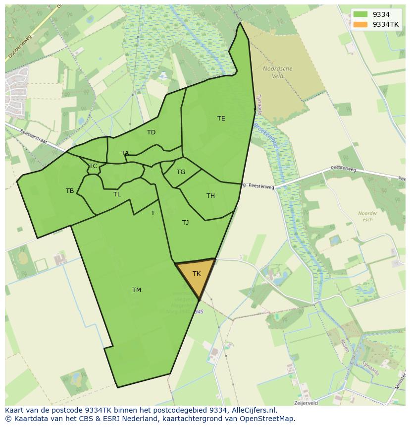 Afbeelding van het postcodegebied 9334 TK op de kaart.