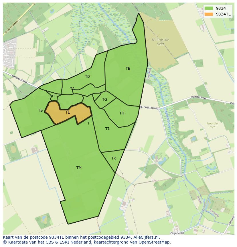 Afbeelding van het postcodegebied 9334 TL op de kaart.