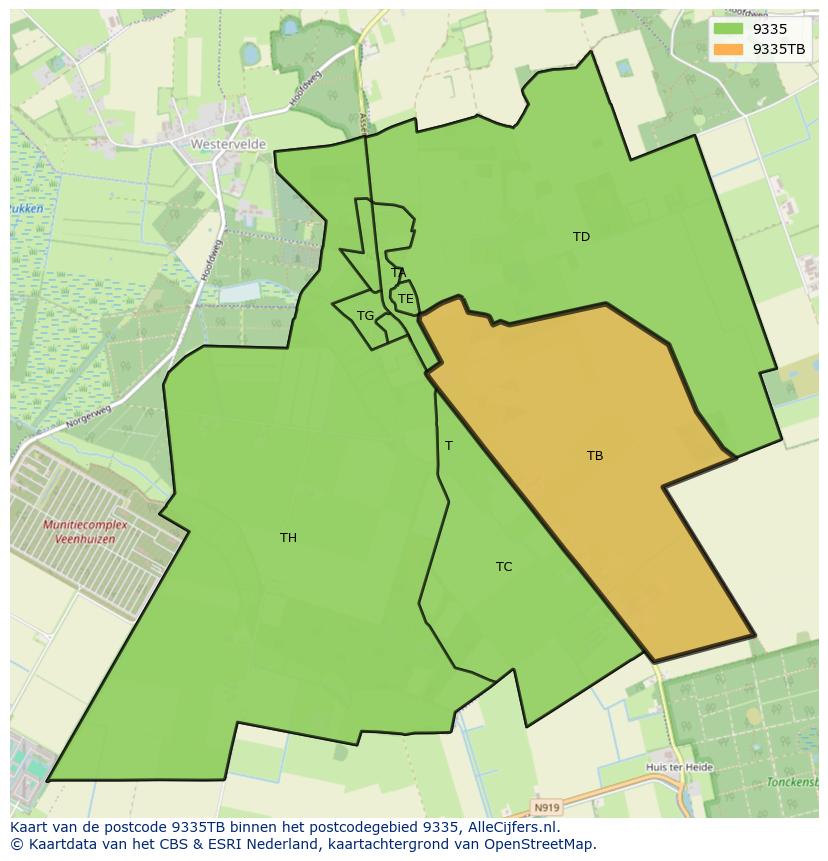 Afbeelding van het postcodegebied 9335 TB op de kaart.