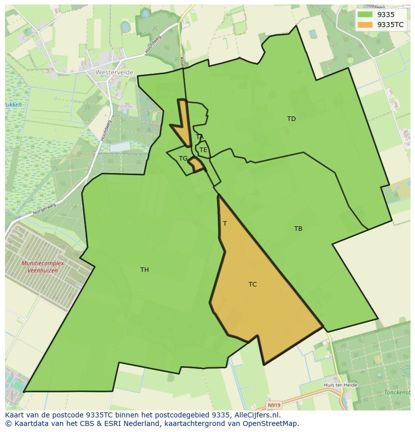 Afbeelding van het postcodegebied 9335 TC op de kaart.