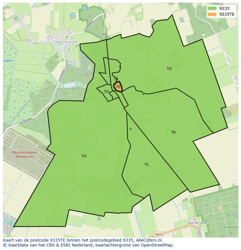 Afbeelding van het postcodegebied 9335 TE op de kaart.