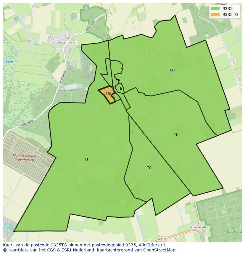 Afbeelding van het postcodegebied 9335 TG op de kaart.