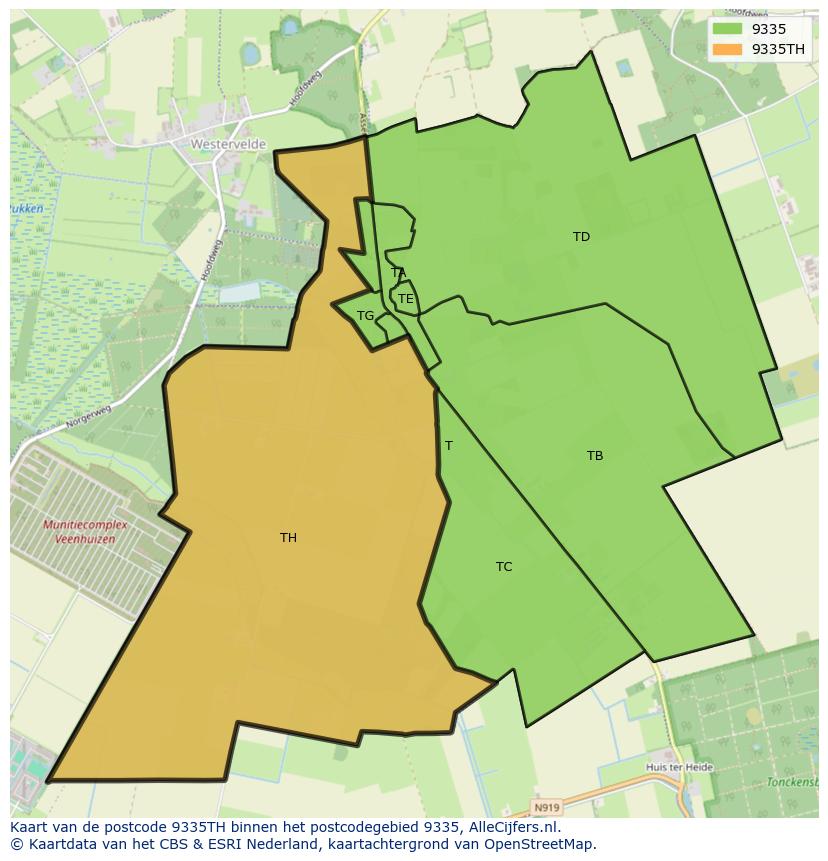 Afbeelding van het postcodegebied 9335 TH op de kaart.