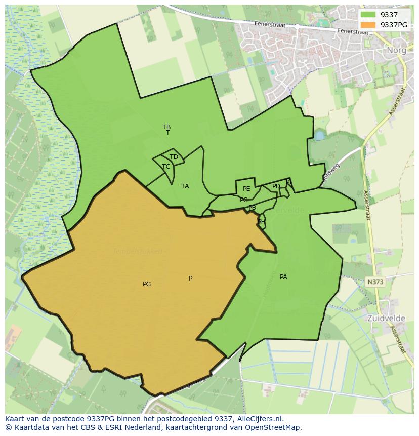 Afbeelding van het postcodegebied 9337 PG op de kaart.