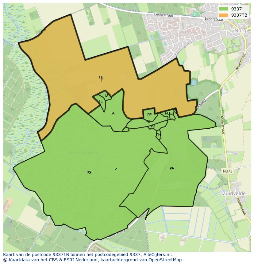 Afbeelding van het postcodegebied 9337 TB op de kaart.